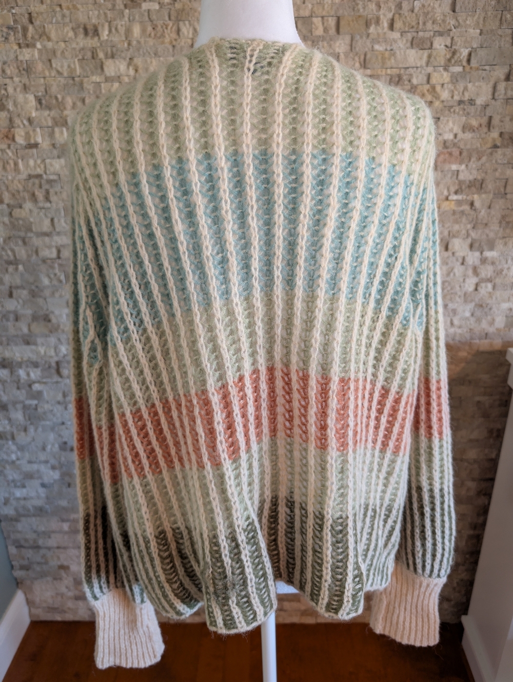 Democracy Wool Blend Open Front Ribbed Open Knit Multicolor Stripe Cardigan Sz L image 3